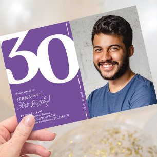 Invitación de cumpleaños 30 elegante con foto púrp
