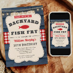 Invitación de cumpleaños 30 Fish Fry<br><div class="desc">Presentamos nuestra encantadora invitación al cumpleaños Fish Fry! Esta invitación, elaborada con elementos rústicos de madera, ofrece un ambiente rústico y acogedor, ideal para celebrar a cielo abierto. La clásica combinación de rojo, blanco y azul le da un toque de estilo americano, lo que le da un toque festivo al...</div>