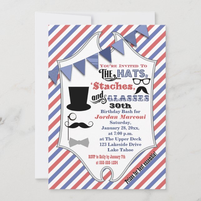 Invitación de cumpleaños 30 gorras, bigotes y gafa (Anverso)