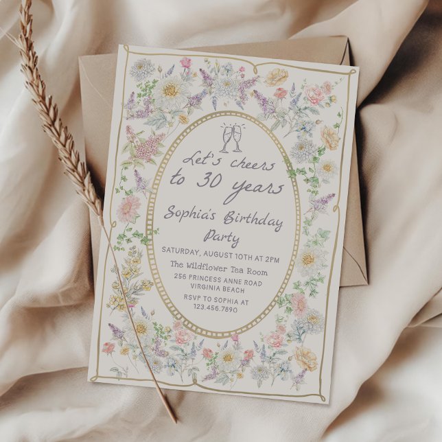 Invitación de cumpleaños 30 Handwritten Floral Che (Subido por el creador)