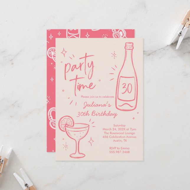 Invitación de cumpleaños 30 moderno de botella y c (Anverso/Reverso In Situ)