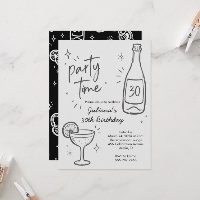 Invitación de cumpleaños 30 moderno de botella y c (Anverso/Reverso In Situ)
