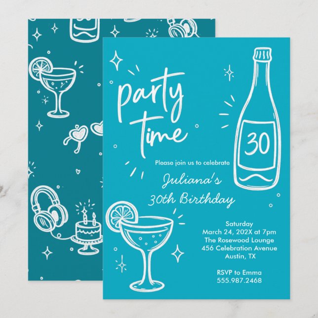 Invitación de cumpleaños 30 moderno de botella y c (Anverso / Reverso)