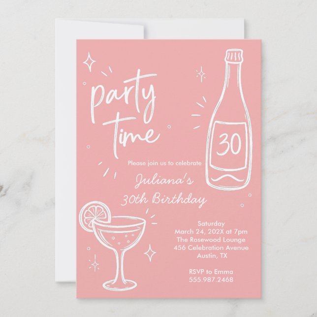 Invitación de cumpleaños 30 moderno de botella y c (Anverso)
