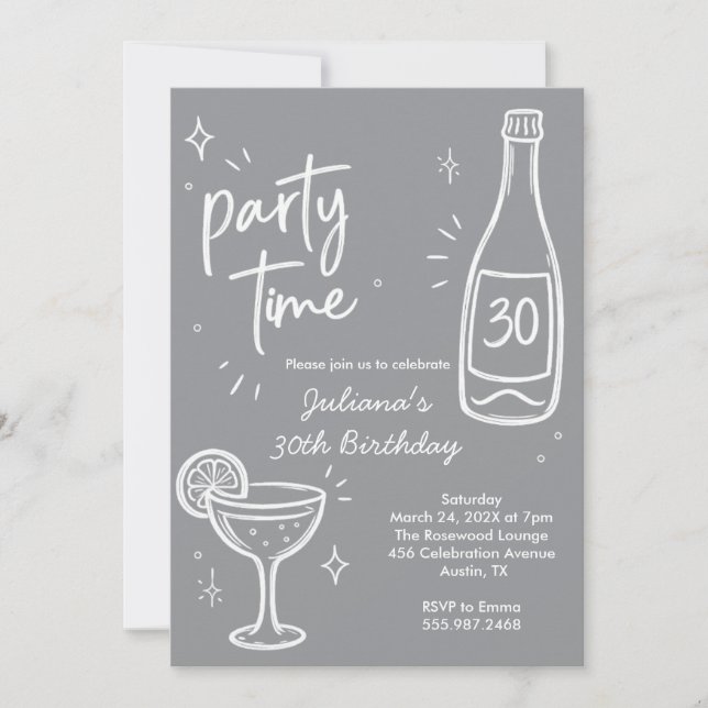Invitación de cumpleaños 30 moderno de botella y c (Anverso)