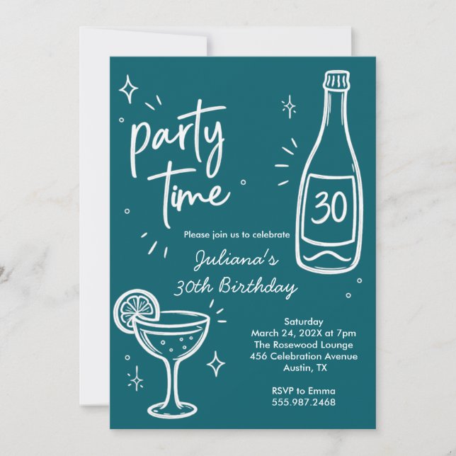Invitación de cumpleaños 30 moderno de botella y c (Anverso)