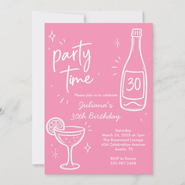 Invitación de cumpleaños 30 moderno de botella y c (Anverso)