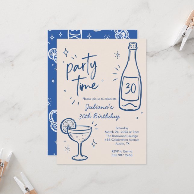 Invitación de cumpleaños 30 moderno de botella y c (Anverso/Reverso In Situ)