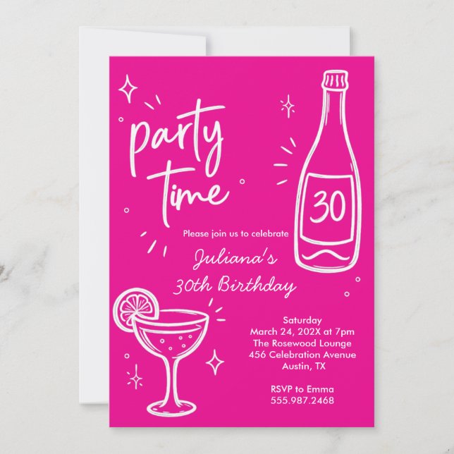 Invitación de cumpleaños 30 moderno de botella y c (Anverso)
