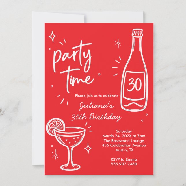 Invitación de cumpleaños 30 moderno de botella y c (Anverso)