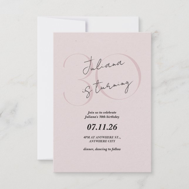 Invitación de cumpleaños 30 moderno y rosa simple (Anverso)