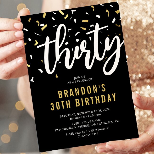 Invitación de cumpleaños 30 negro con confeti dora (Subido por el creador)
