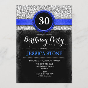 Invitación de cumpleaños 30 - Plata negra azul rea