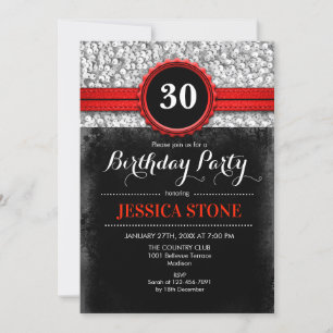 Invitación de cumpleaños 30 - Plata negra roja