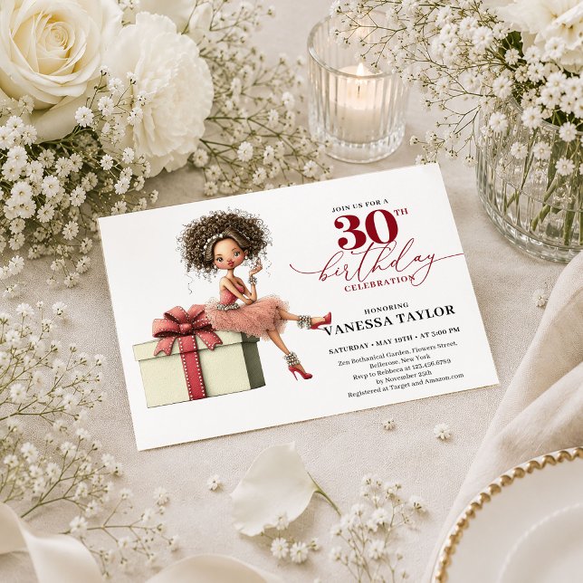 Invitación de cumpleaños 30 rojo burdeos Mujer ext (Quirky Woman 30th Birthday Burgundy Red Party Invitation

)