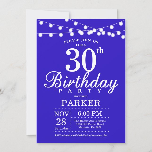 Invitación de cumpleaños 30 Royal Blue (Anverso)