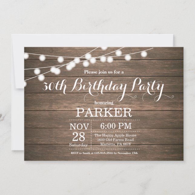 Invitación de cumpleaños 30 rústico de madera (Anverso)