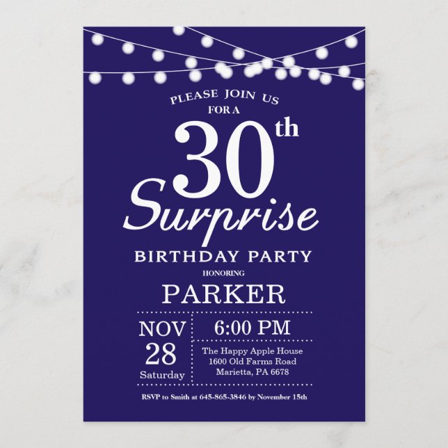 Invitación de cumpleaños 30 sorpresa azul marino (Anverso)