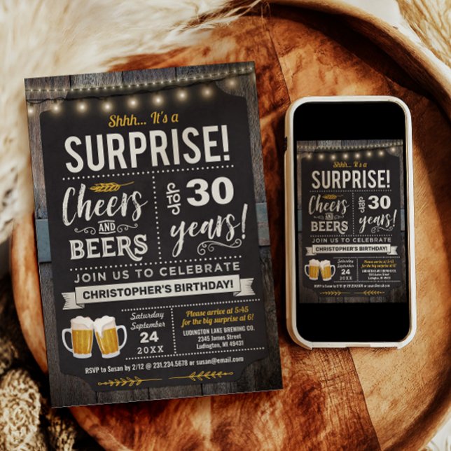 Invitación de cumpleaños 30 sorpresa Cheers and Be (Surprise Cheers and Beers 30th Birthday Invitation)