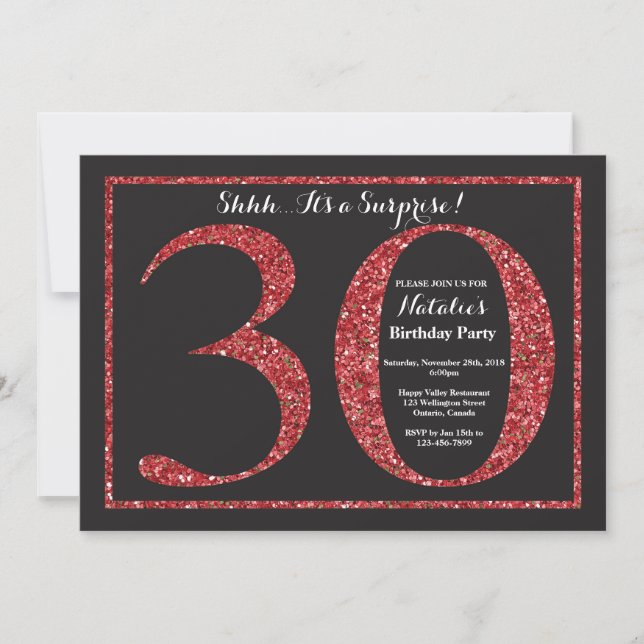 Invitación de cumpleaños 30 sorpresa con brillo ro (Anverso)