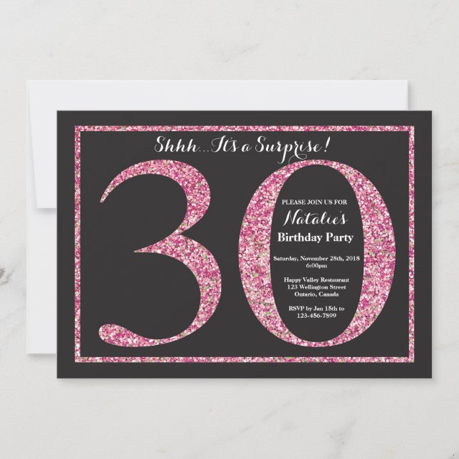 Invitación de cumpleaños 30 sorpresa con brillo ro (Anverso)