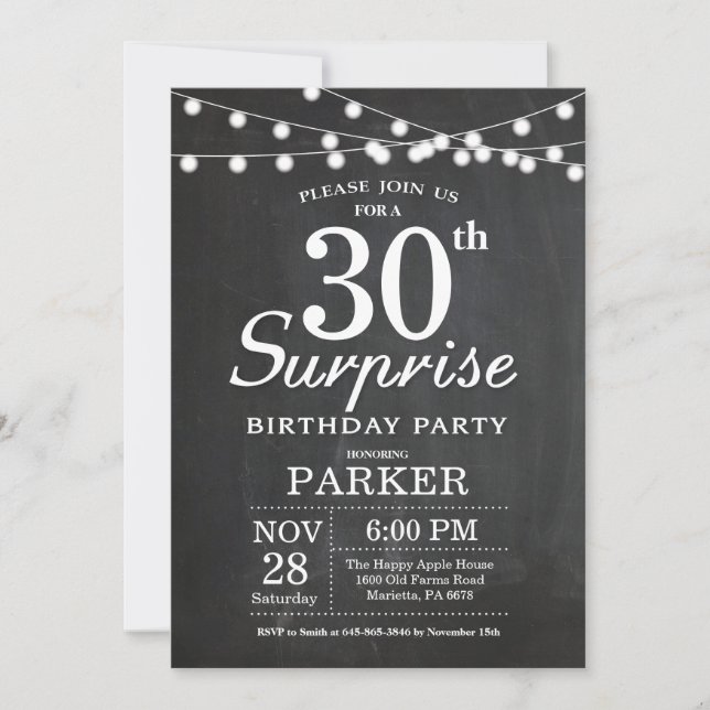 Invitación de cumpleaños 30 sorpresa en pizarra (Anverso)