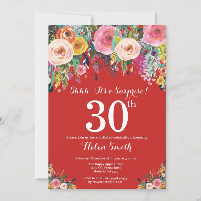 Invitación de cumpleaños 30 sorpresa floral roja (Anverso)