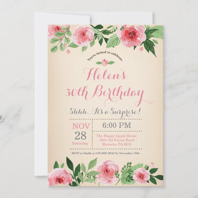 Invitación de cumpleaños 30 sorpresa floral rosa (Anverso)