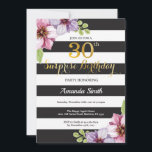 Invitación de cumpleaños 30 sorpresa mujeres flora<br><div class="desc">Invitación de cumpleaños 30 sorpresa para mujeres. Invitación de fiesta de cumpleaños negra y dorada. Brillo dorado. Flor floral de acuarela morada. Rayas blancas y negras. Digital imprimible. Para una mayor personalización,  haga clic en el botón "Personalízalo" y use nuestra herramienta de diseño para modificar esta plantilla.</div>