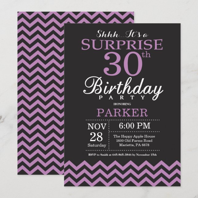 Invitación de cumpleaños 30 sorpresa negro y púrpu (Anverso / Reverso)