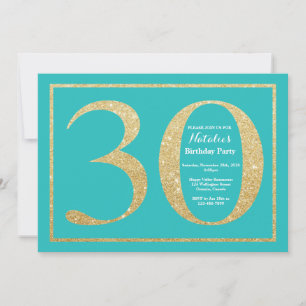 Invitación de cumpleaños 30 Teal y brillo dorado