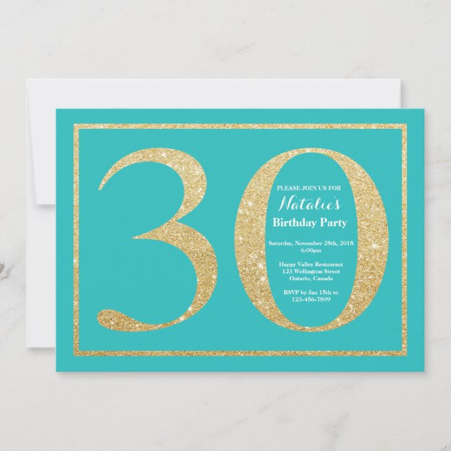 Invitación de cumpleaños 30 Teal y brillo dorado (Anverso)