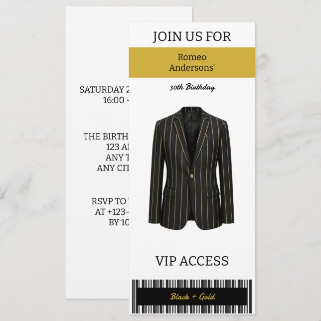Invitación de cumpleaños 30 VIP Traje Black Gold (Anverso / Reverso)