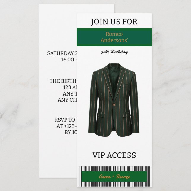 Invitación de cumpleaños 30 VIP Traje Verde Bronce (Anverso / Reverso)
