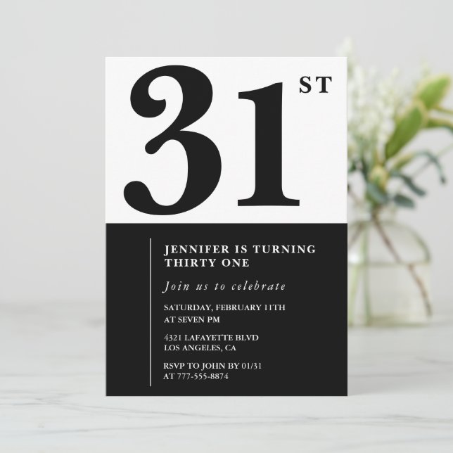 Invitación de cumpleaños 31 elegante chica Negro B (Anverso de pie)