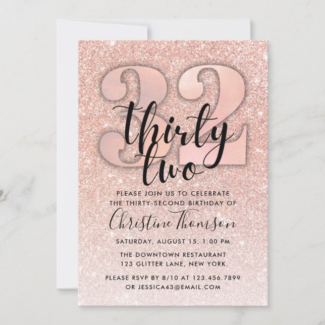 Invitación de cumpleaños 32º Purpurina Rosa de Oro (Anverso)