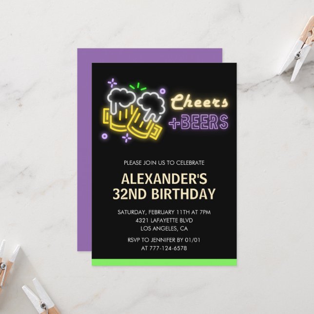 Invitación de cumpleaños 32 de Neon Cheers Beer Bl (Anverso/Reverso In Situ)