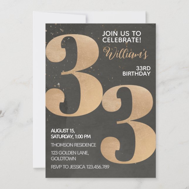 Invitación de cumpleaños 33 de Gold Black (Anverso)