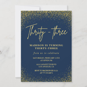 invitación de cumpleaños 33 dorado azul brillo