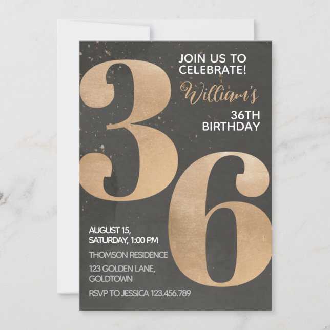 Invitación de cumpleaños 36 de Gold Black (Anverso)