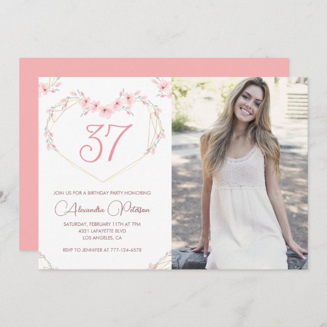 Invitación de cumpleaños 37 a la foto de Boho Flor (Anverso / Reverso)