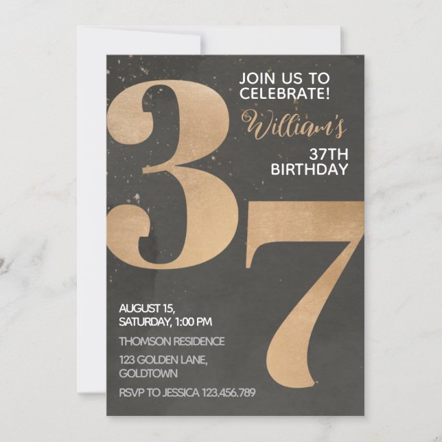 Invitación de cumpleaños 37 de Gold Black (Anverso)