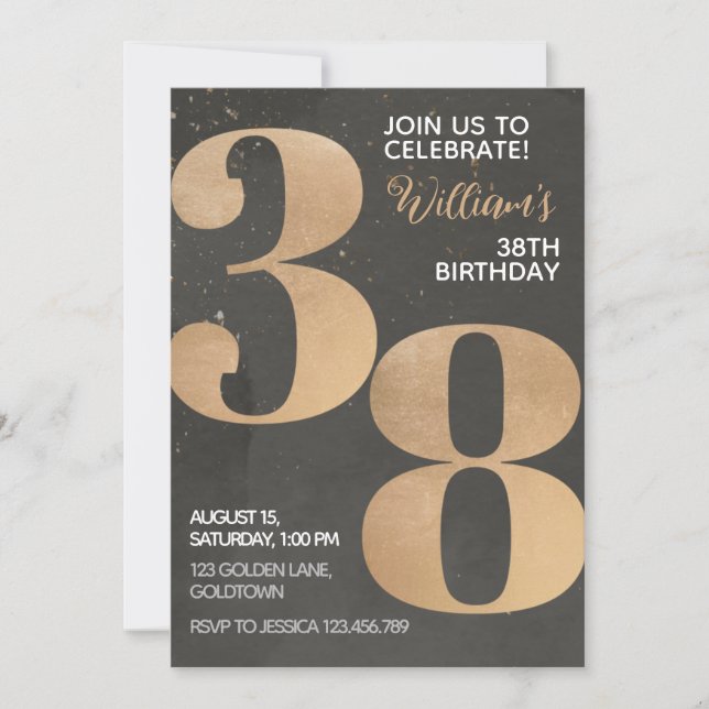Invitación de cumpleaños 38 de Gold Black (Anverso)