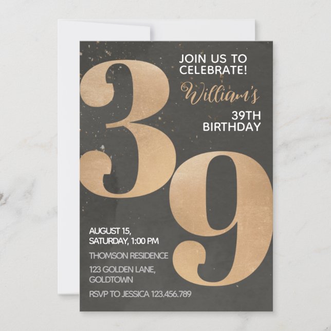 Invitación de cumpleaños 39 de Gold Black (Anverso)