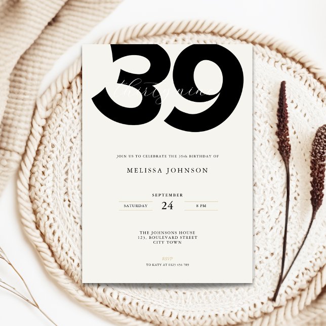 Invitación de cumpleaños 39 mínimo - Tipografía Ne (Minimal 39th birthday invitation with bold typography)
