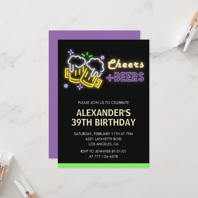 invitación de cumpleaños 39 Neon Cheers Beer Negro (Anverso/Reverso In Situ)