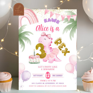 Invitación de cumpleaños 3-rex Rawr de dinosaurio