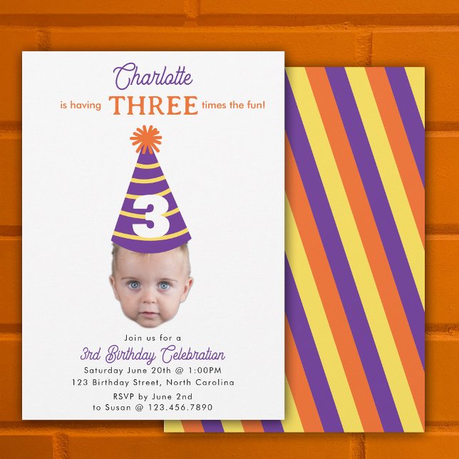 Invitación de cumpleaños 3er Tres cumpleaños Cara  (Birthday Invite 3rd Three Birthday Baby Face Photo)
