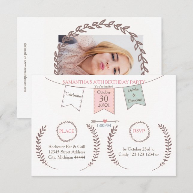 Invitación de cumpleaños 3x5 con banderines elegan (Anverso / Reverso)