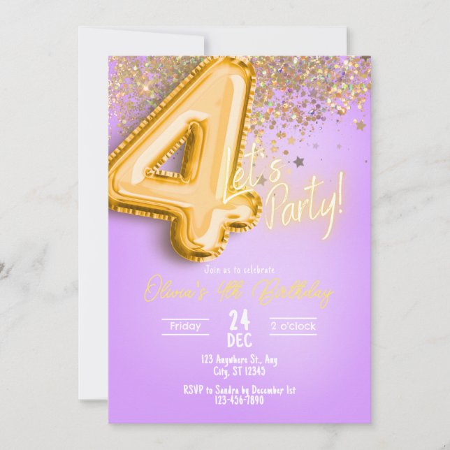 Invitación de cumpleaños 4º con purpurina morada (Anverso)